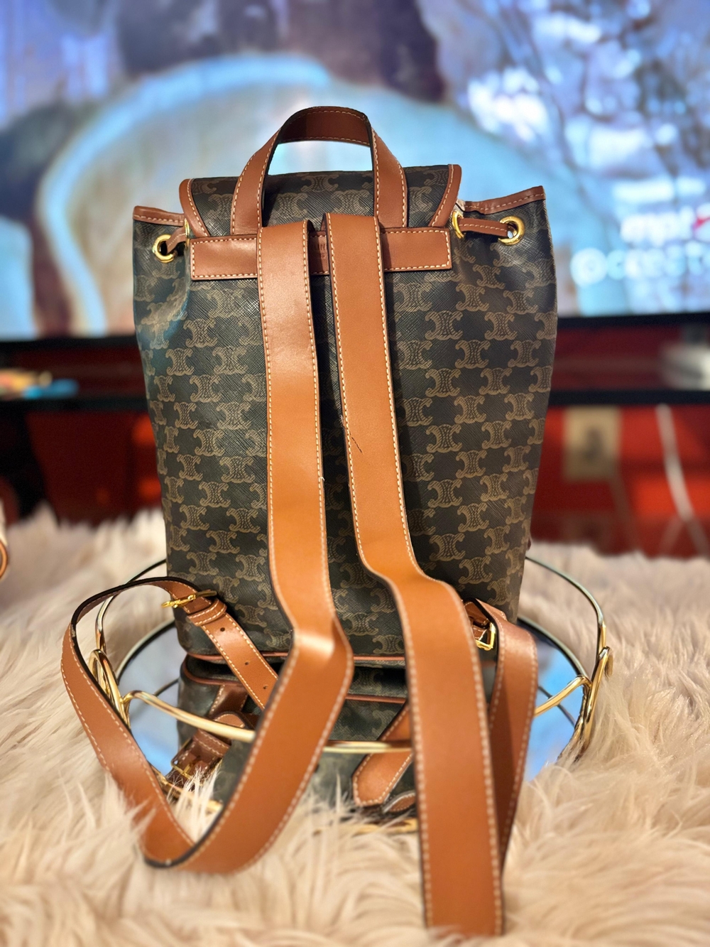 Celine Brown Leather-Trim Triomphe Canvas Backpack Like New. - Picture 2 of 6